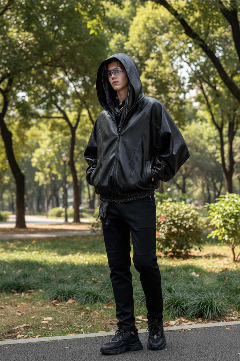 Veste BJHG noir en cuir oversize à capuche, portée par un homme avec lunettes, photo lifestyle dans un parc urbain

