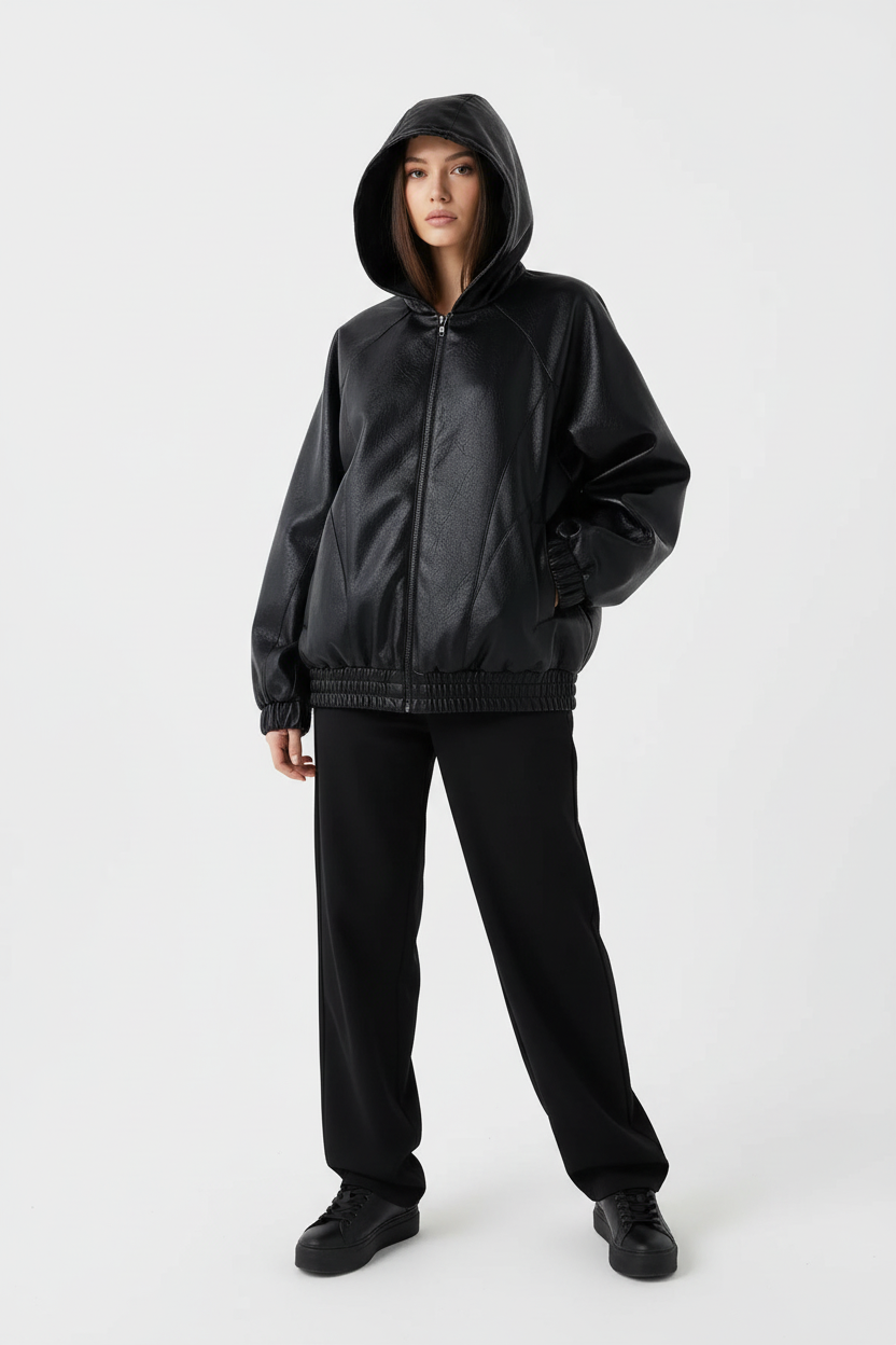 Veste BJHG noir en cuir oversize à capuche et zip central, portée par une femme, vue de face sur fond blanc
