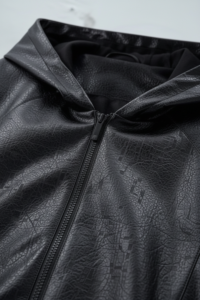 Veste BJHG noir en cuir texturé croco à zip central et capuche, photo détail gros plan
