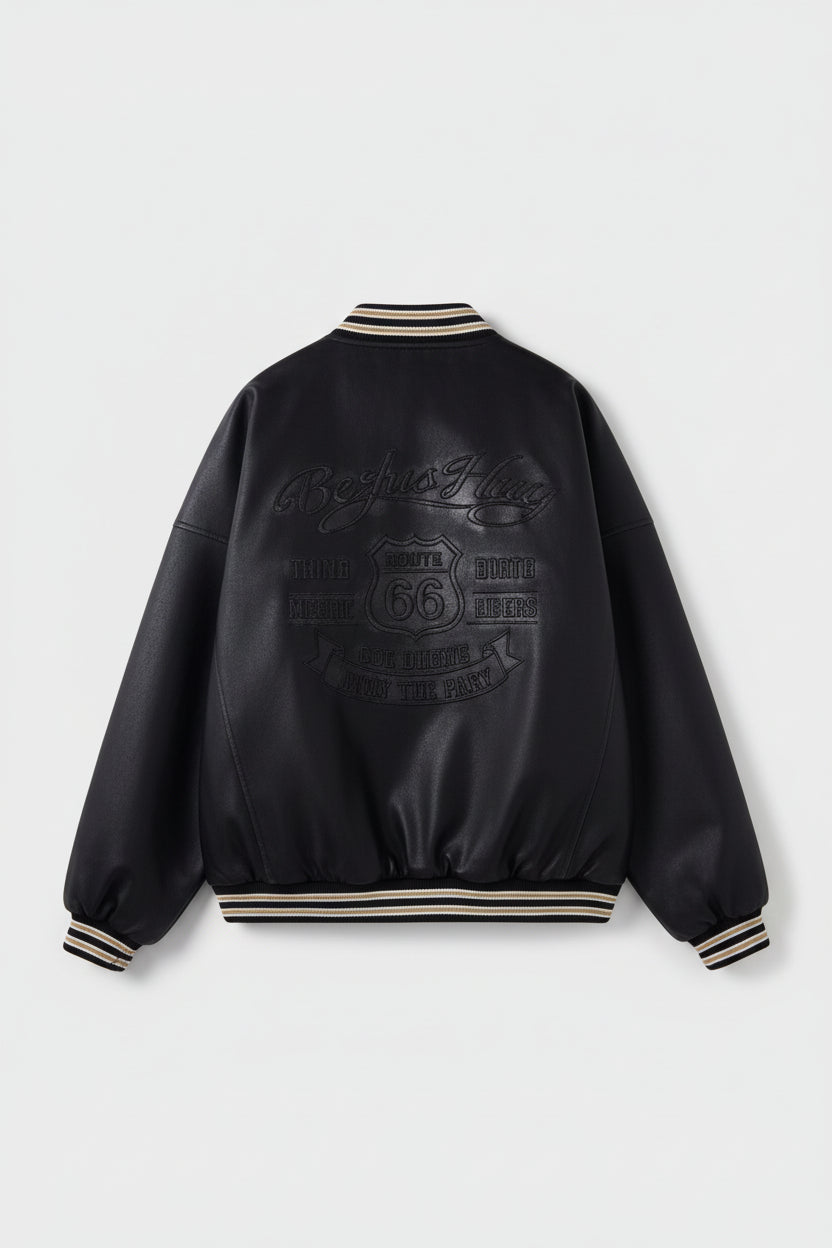 Veste teddy BJHG noir en cuir à col rayé or avec broderie Route 66 au dos, vue de dos sur fond gris
