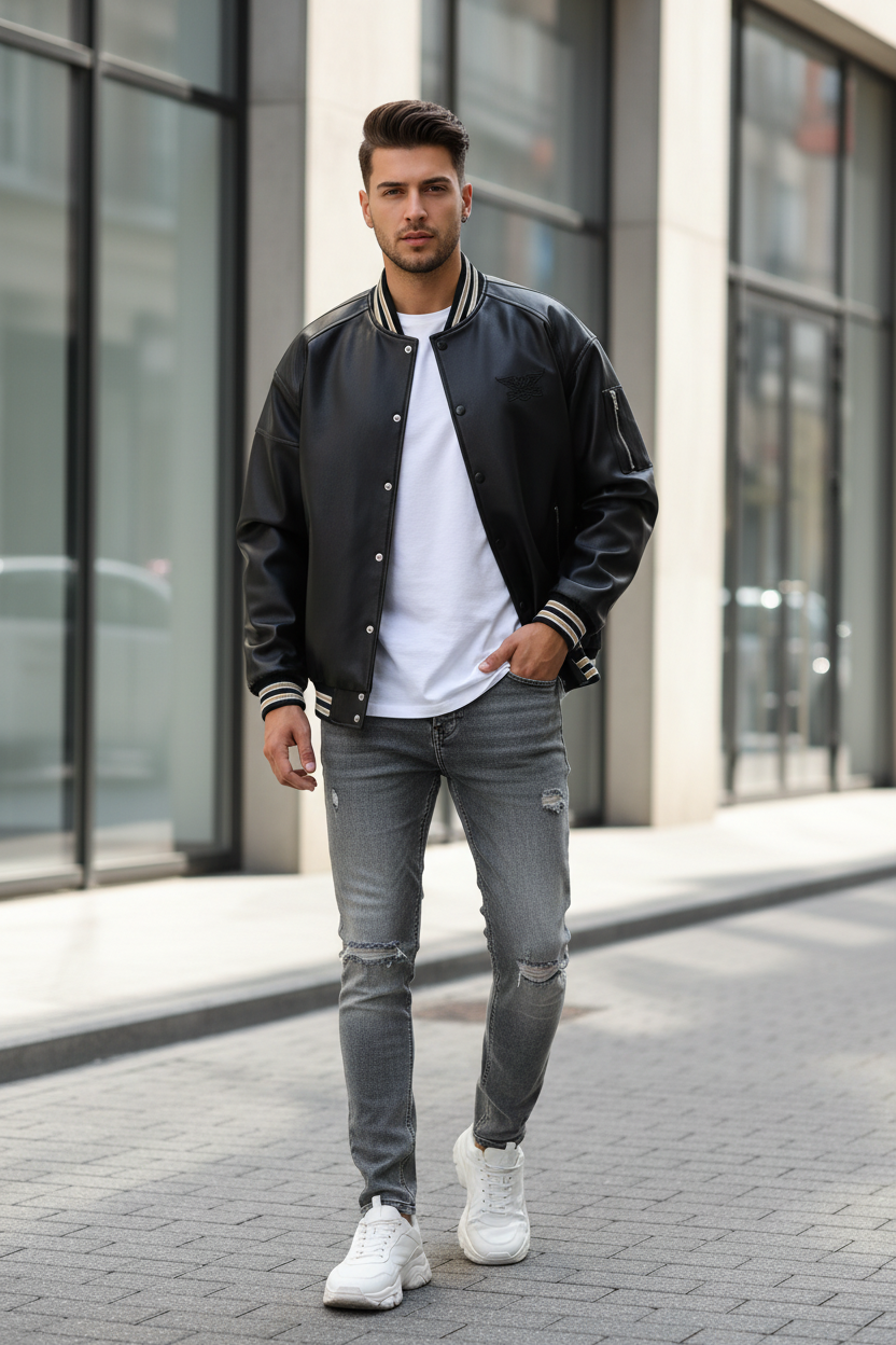 Veste teddy BJHG noir en cuir à col rayé or, portée par un homme, vue de face en extérieur urbain
