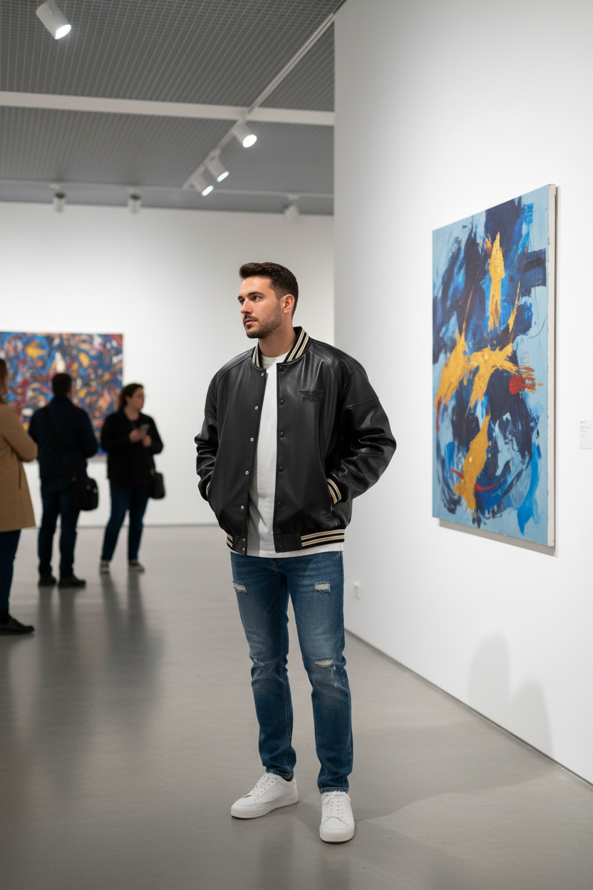 Veste teddy BJHG noir en cuir à col rayé or, portée par un homme, photo lifestyle dans une galerie d'art

