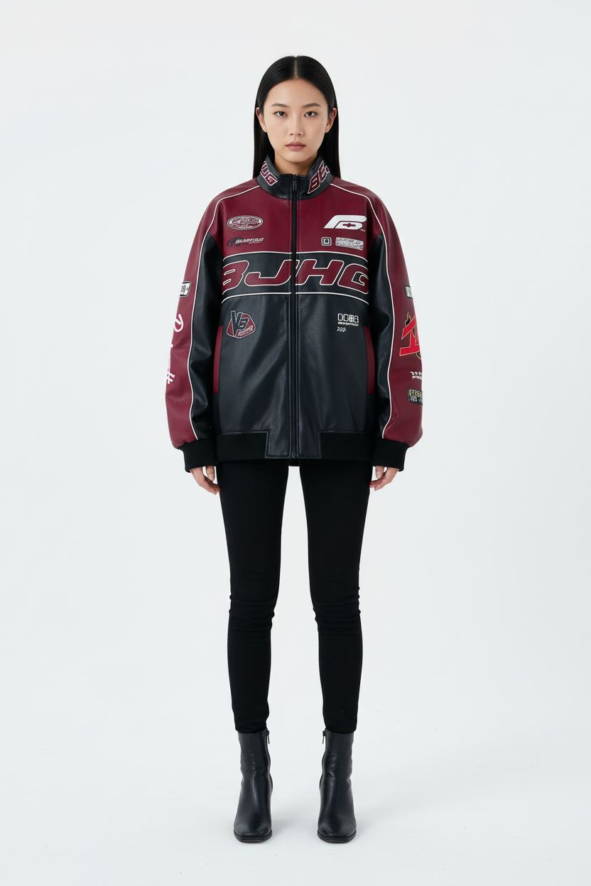 Veste racing moto BJHG en cuir noir et bordeaux avec patches et logos, portée par un femme appuyé sur une voiture vintage rouge dans un garage
