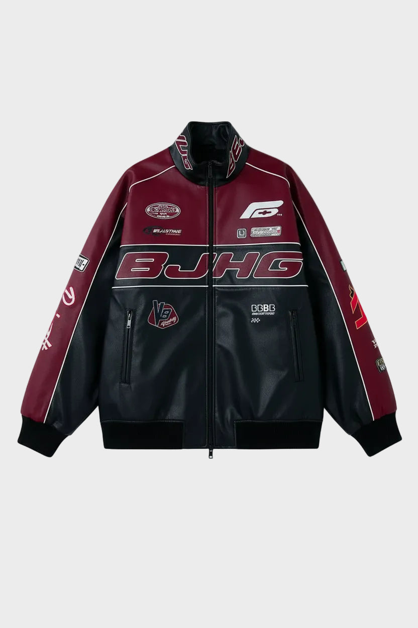 Veste racing moto BJHG en cuir noir et bordeaux avec patches et logos, photo produit à plat sur fond gris
