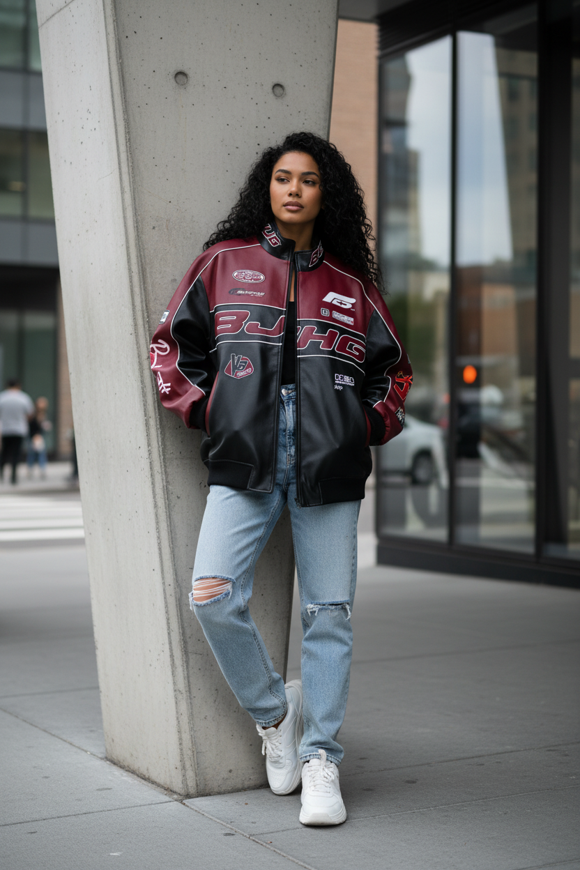 Veste racing moto BJHG en cuir noir et bordeaux avec patches et logos, portée par une femme avec jean délavé déchiré, rue urbaine
