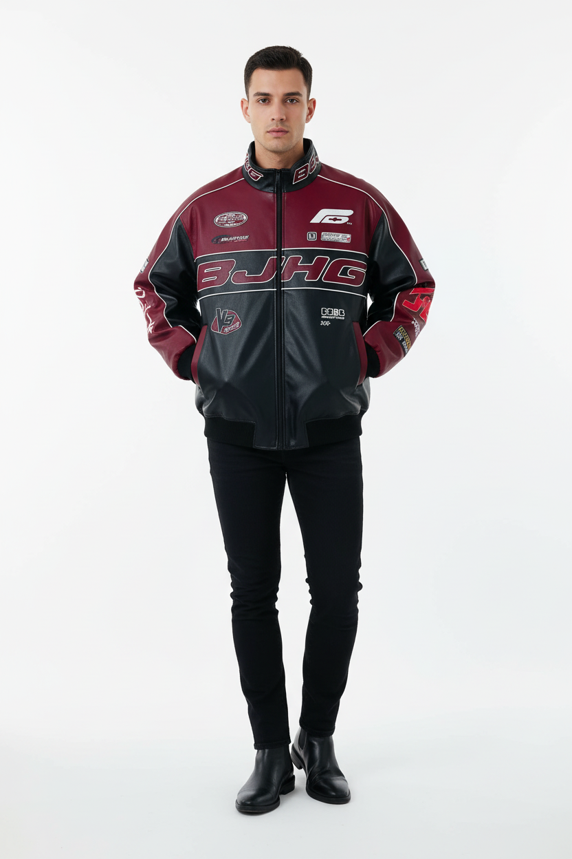Veste racing moto BJHG en cuir noir et bordeaux avec patches et logos, portée par un homme, vue de face sur fond blanc
