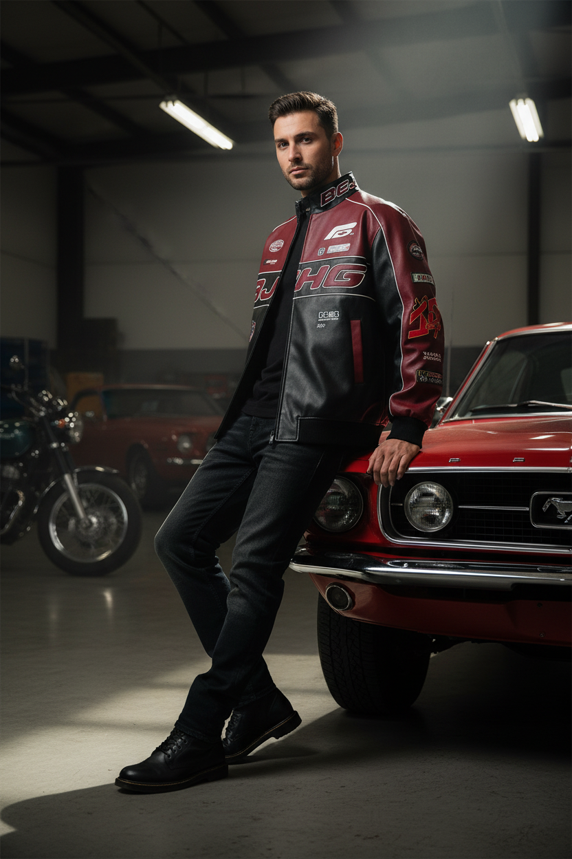 Veste racing moto BJHG en cuir noir et bordeaux avec patches et logos, portée par un homme appuyé sur une voiture vintage rouge dans un garage
