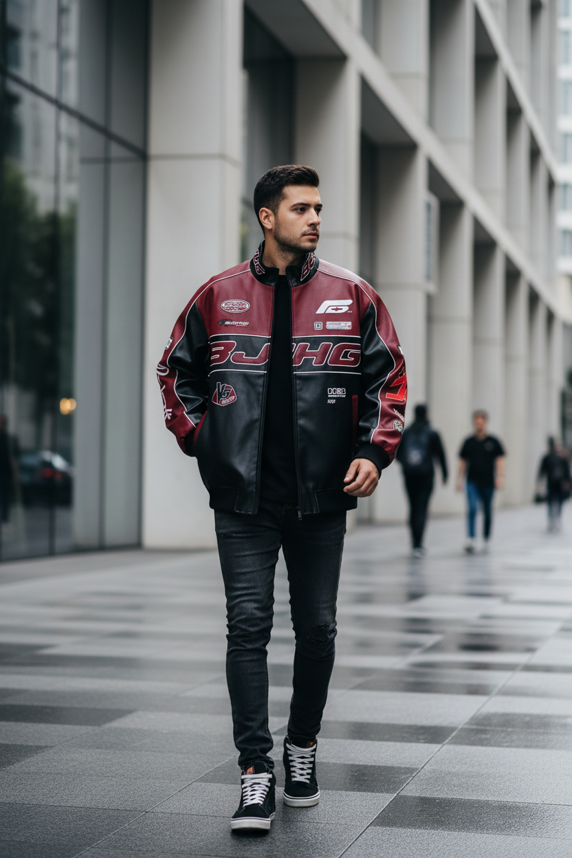 Veste racing moto BJHG en cuir noir et bordeaux avec patches et logos, portée par un homme dans une rue urbaine
