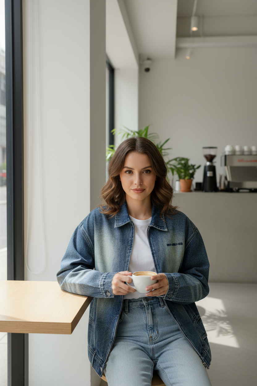 Veste Jean Oversize Délavé Vintage Broderie BJHG bleu clair délavé en denim, vue en situation portée par une femme tenant un café dans un café minimaliste lumineux