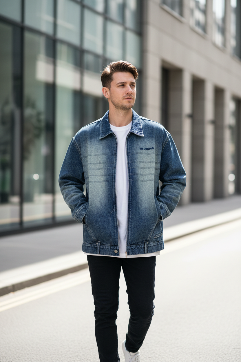 Veste Jean Oversize Délavé Vintage Broderie BJHG bleu indigo délavé en denim, vue de face portée par un homme marchant dans une rue urbaine moderne