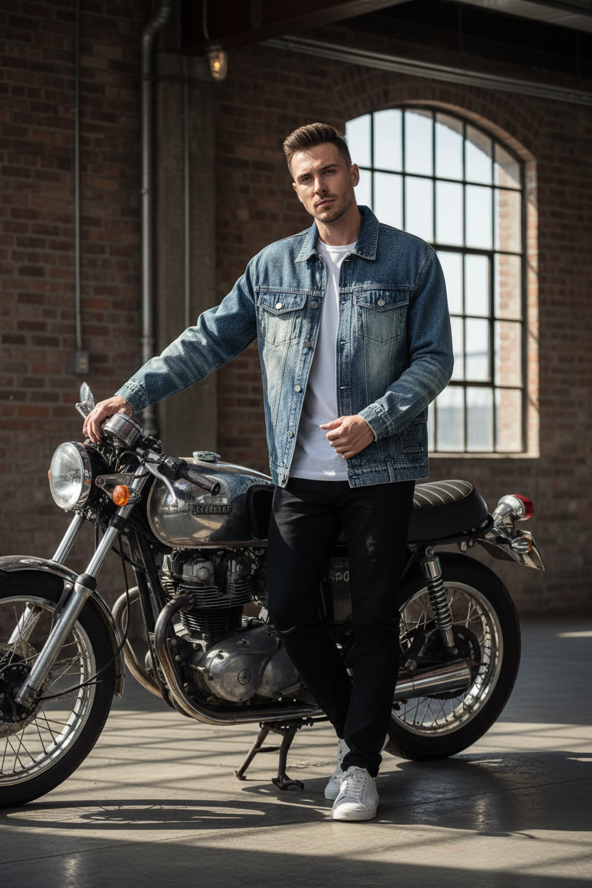 Veste Jean Oversize Délavé Vintage Broderie BJHG bleu moyen délavé en denim, vue de face portée par un homme appuyé sur une moto dans un garage industriel aux murs en briques