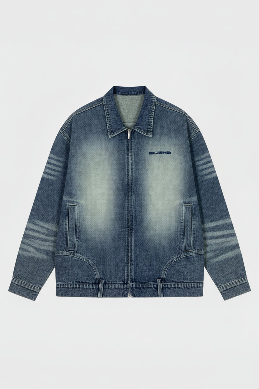 Veste Jean Oversize Zip Délavé Tie Dye Bandes Broderie BJHG bleu indigo tie dye en denim, vue produit de face sur fond gris sans modèle