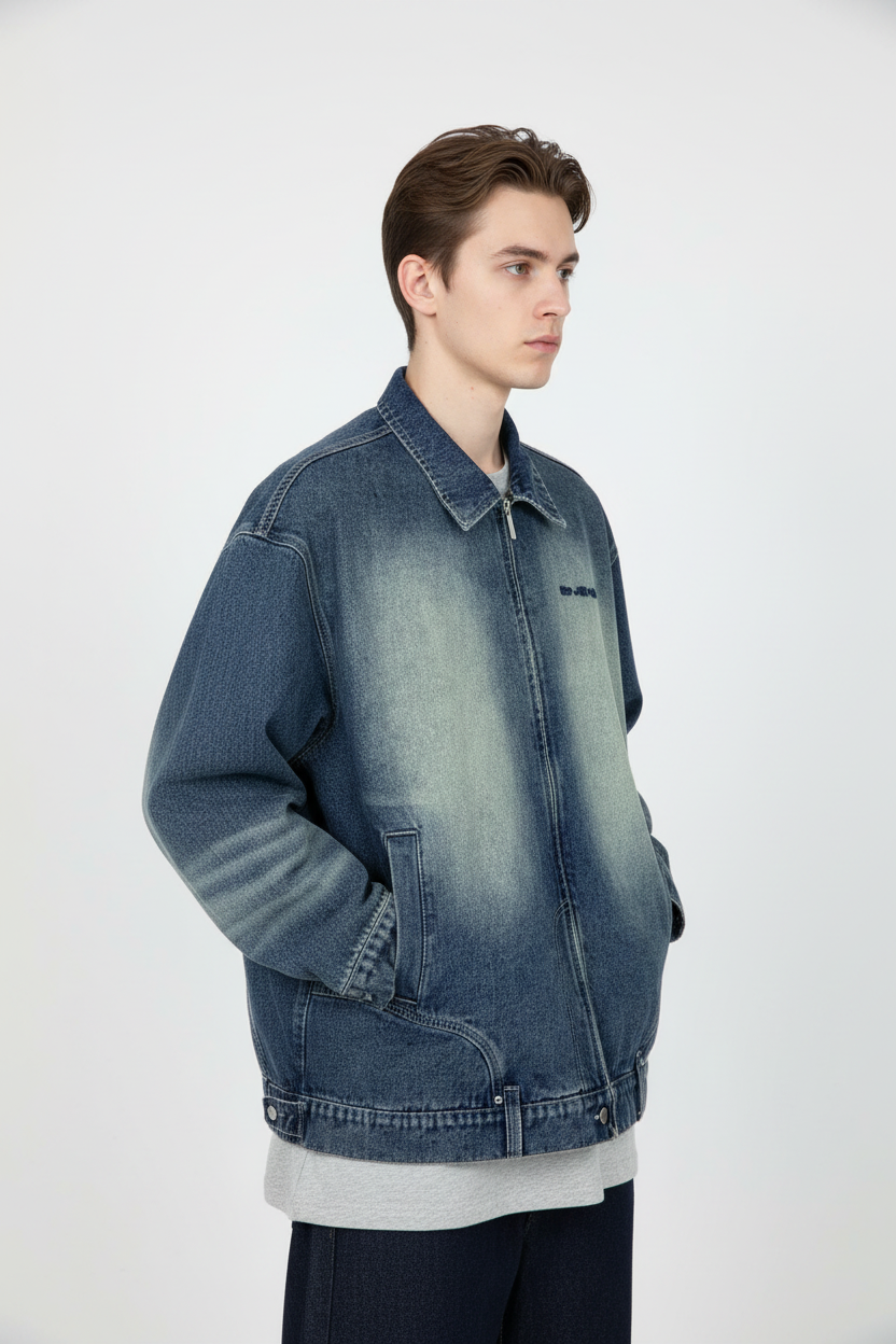 Veste Jean Oversize Zip Délavé Tie Dye Broderie BJHG bleu indigo tie dye en denim, vue de côté portée par un homme
