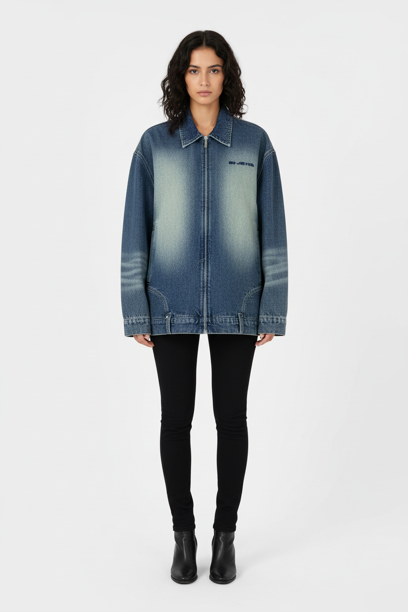 Veste Jean Oversize Zip Délavé Tie Dye Broderie BJHG bleu indigo tie dye en denim, vue de face portée par une femme