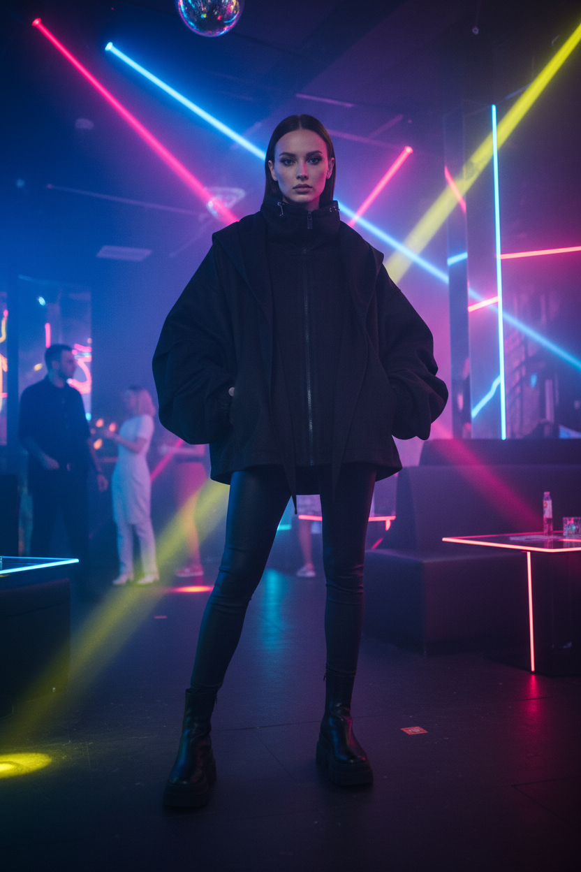 Veste Oversize Ballon Zippée Relabel noir en laine, vue en situation portée par une femme dans un club avec lasers et néons