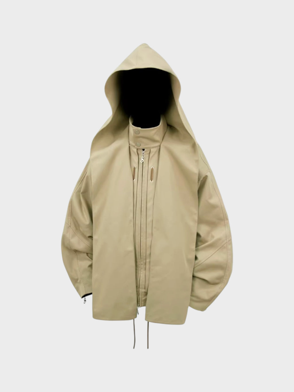 Veste RELABEL beige oversize à capuche et double zip, vue de face sur fond blanc
