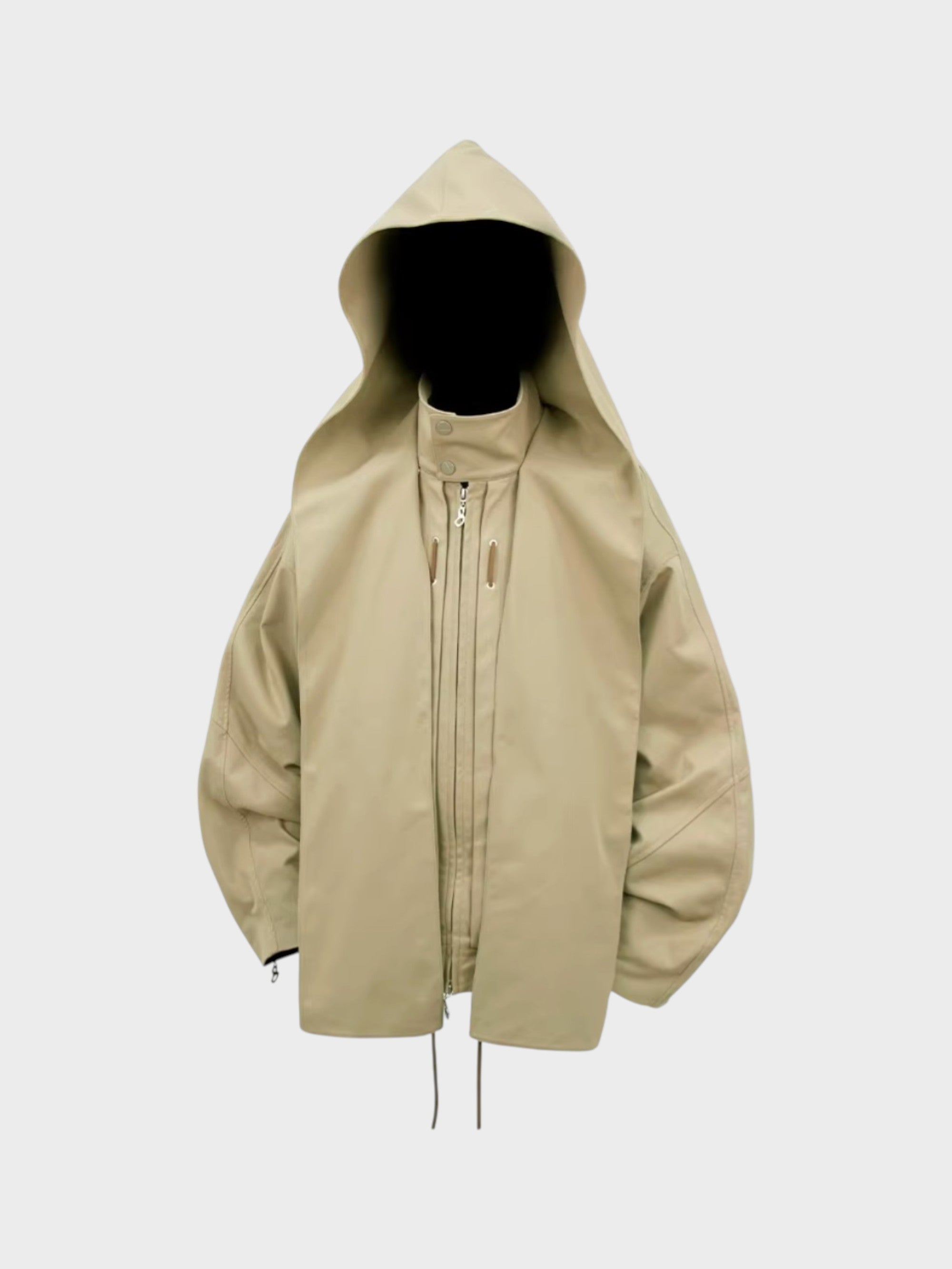 Veste RELABEL beige oversize à capuche et double zip, vue de face sur fond blanc
