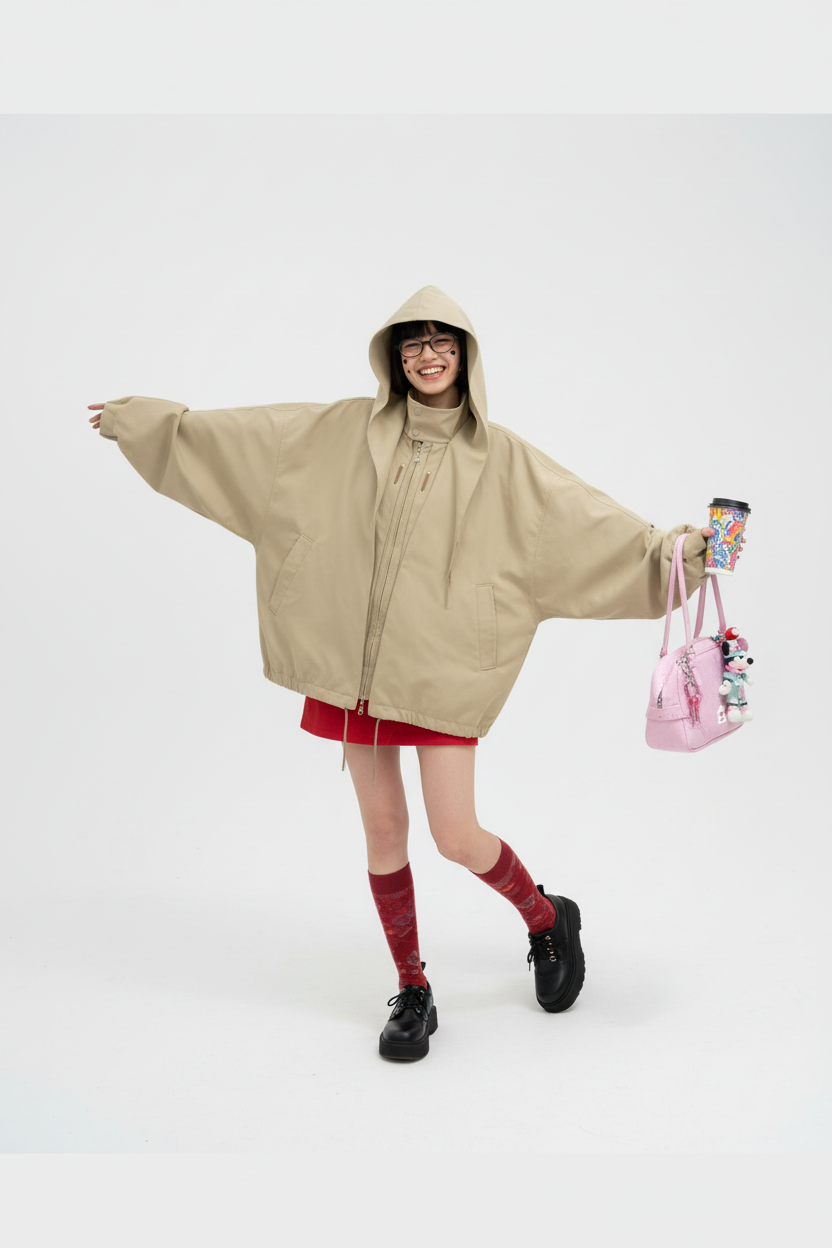 Veste RELABEL beige oversize à capuche avec fermeture éclair, portée par une femme, vue de face sur fond blanc
