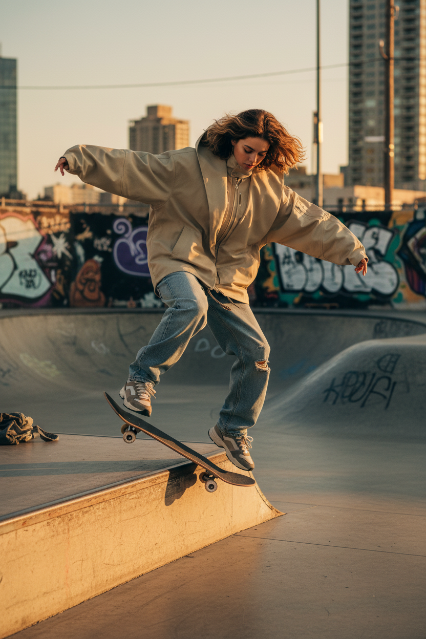Veste RELABEL beige oversize à capuche avec fermeture éclair, portée par une femme faisant du skateboard, photo action dans un skatepark urbain au coucher du soleil
