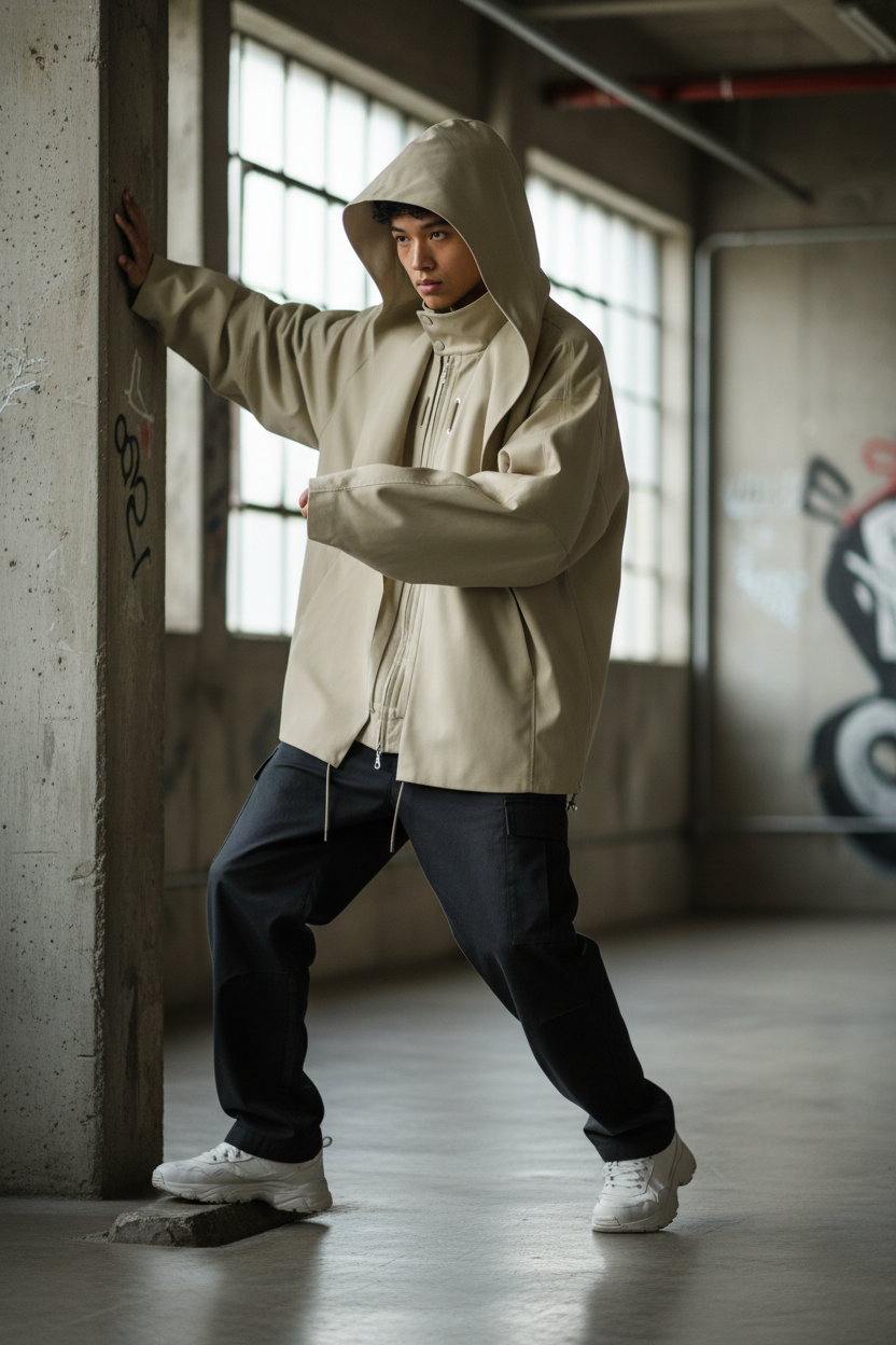 Veste RELABEL beige oversize à capuche avec fermeture éclair, portée par un homme, photo street style dans un entrepôt urbain
