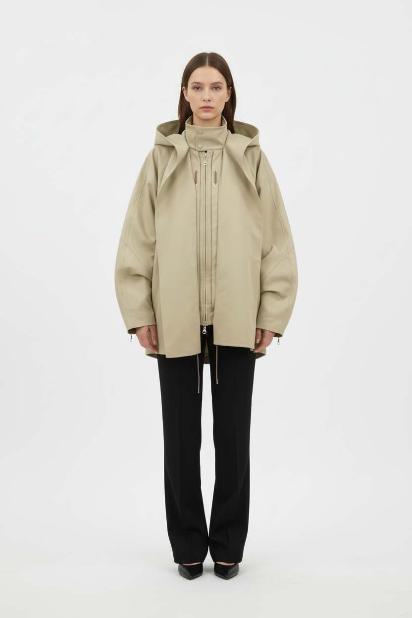 Veste RELABEL beige oversize à capuche avec double fermeture éclair ouverte, portée par une femme, vue de face sur fond blanc
