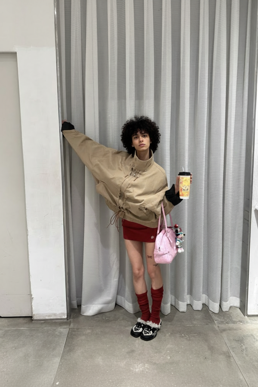 Veste RELABEL beige oversize à col roulé avec lacets et détails brodés, portée par une femme, photo lifestyle en intérieur
