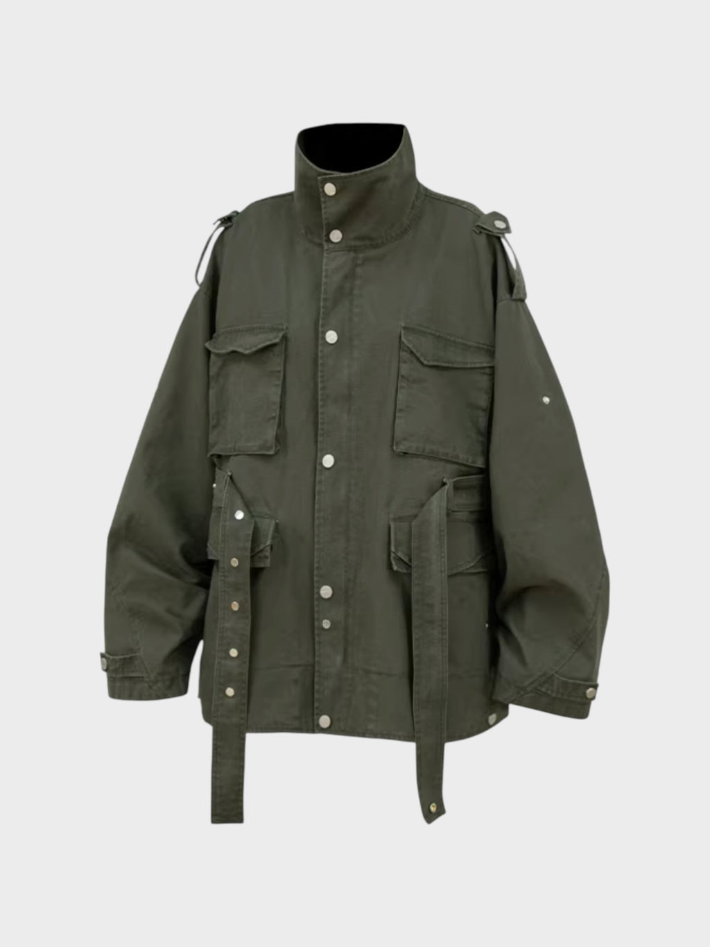 Veste RELABEL kaki oversize style militaire à multi-poches, photo produit sur fond blanc
