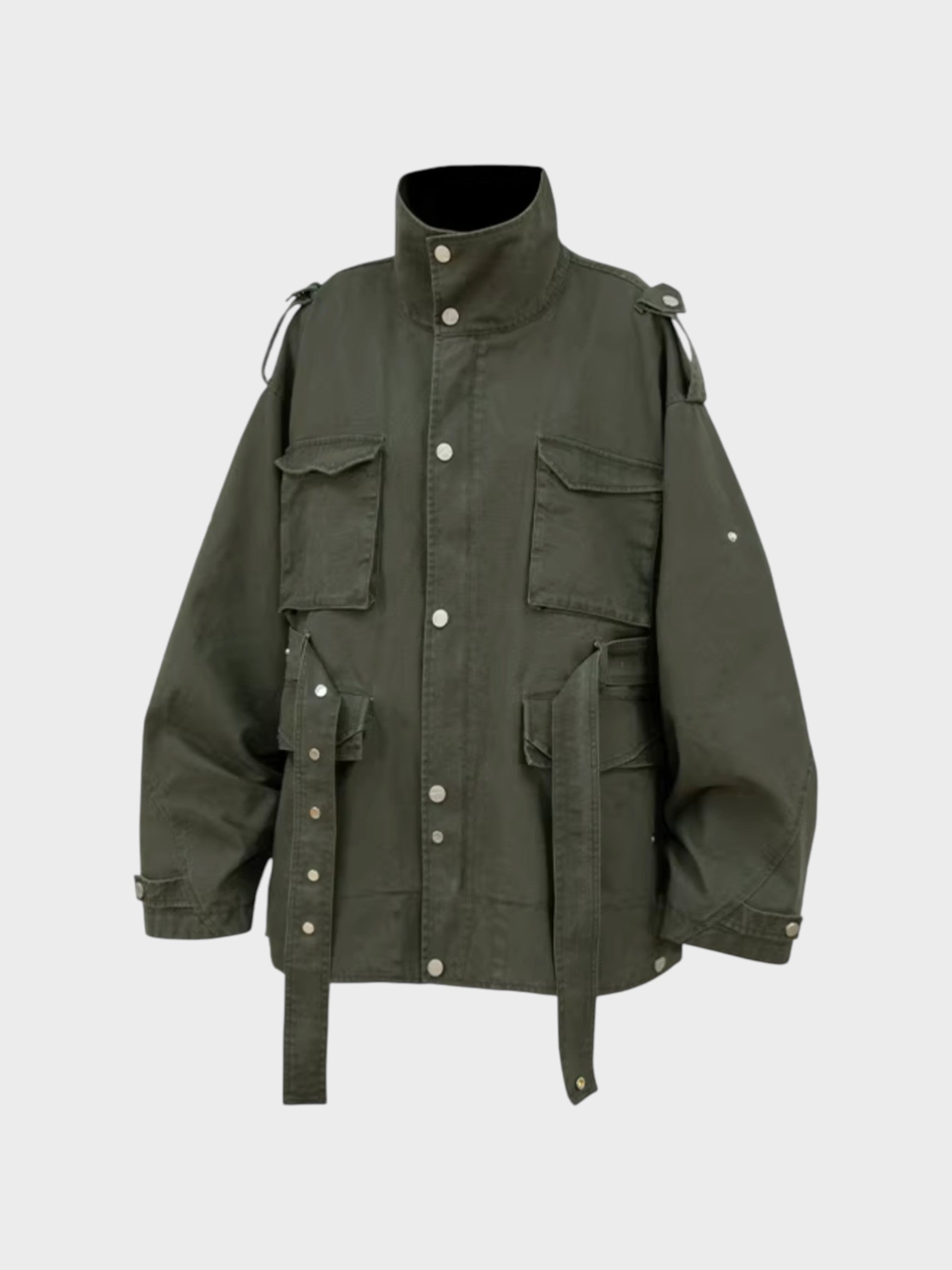 Veste RELABEL kaki oversize style militaire à multi-poches, photo produit sur fond blanc

