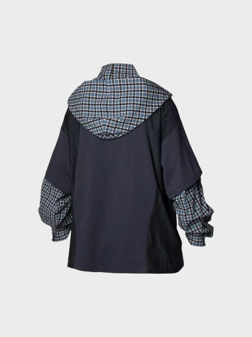 Veste RELABEL noir oversize à capuche carreaux et manches bouffantes, vue de dos sur fond blanc
