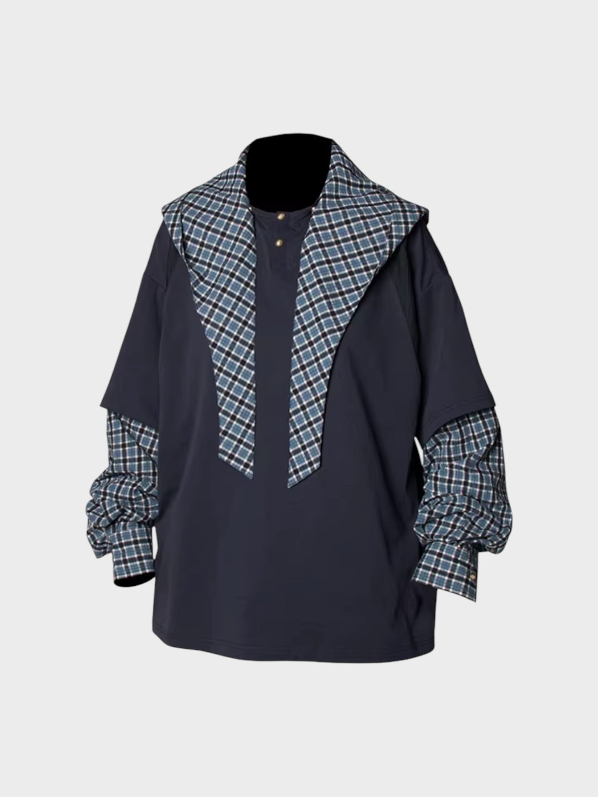 Veste RELABEL noir oversize à capuche carreaux et manches bouffantes, vue de face sur fond blanc
