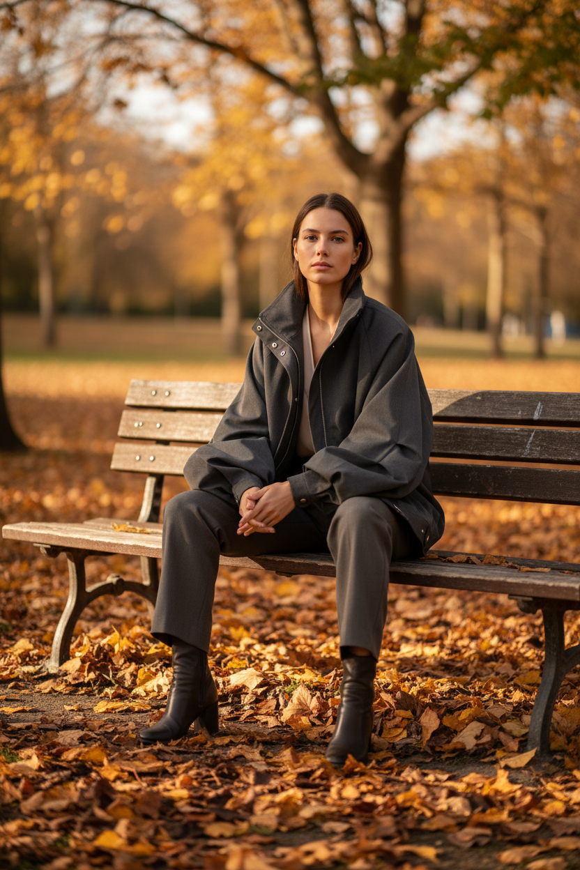 Veste RELABEL noir oversize en simili cuir à col montant avec œillets, portée par une femme assise sur un banc dans un parc en automne avec feuilles dorées

