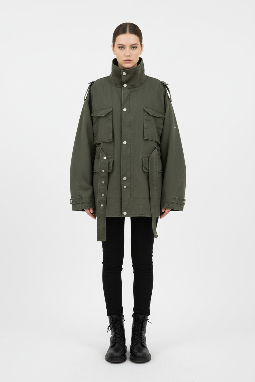 Veste militaire RELABEL vert kaki à multi-poches et ceinture, portée par une femme, vue de face sur fond blanc