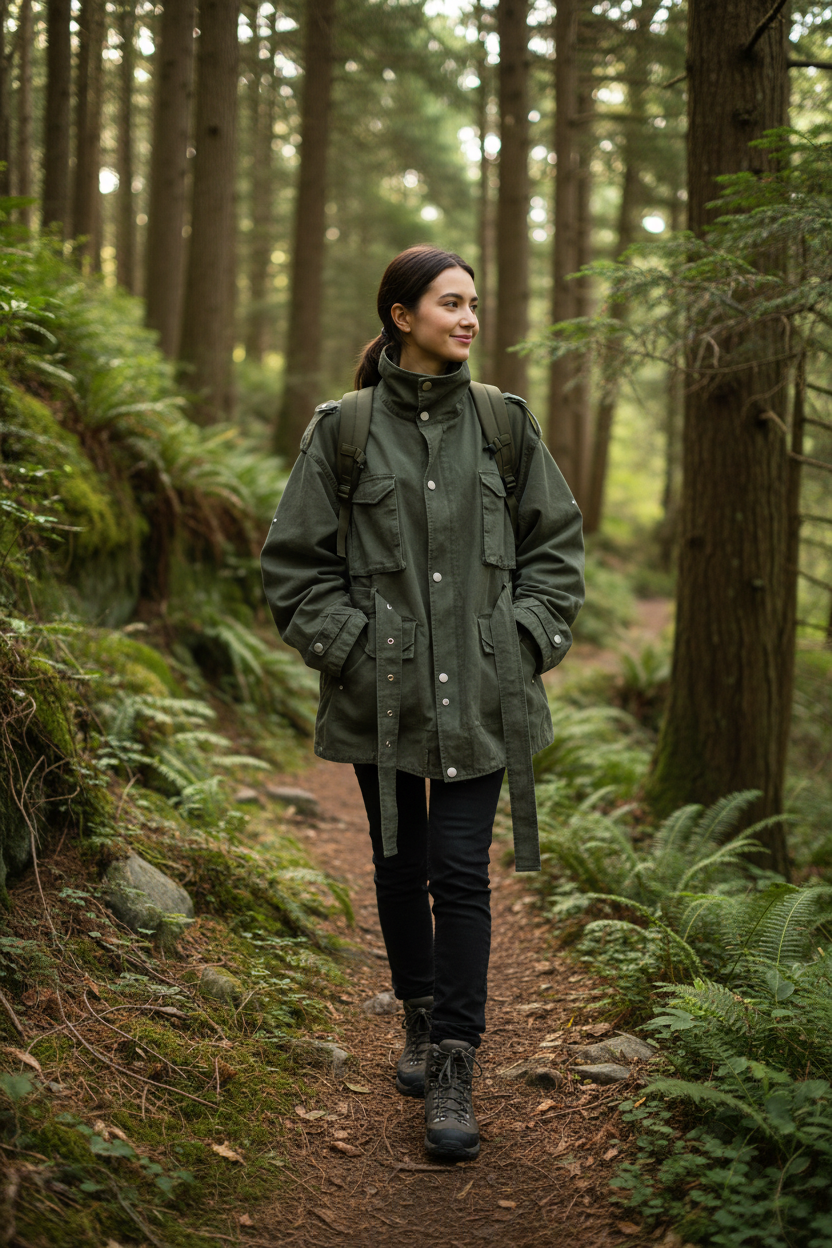 Veste militaire RELABEL vert kaki à multi-poches et ceinture, portée par une femme, photo en extérieur forêt