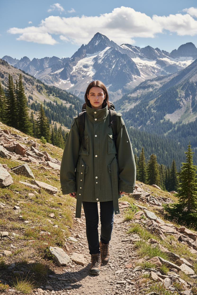 Veste militaire RELABEL vert kaki à multi-poches et ceinture, portée par une femme, photo en extérieur montagne