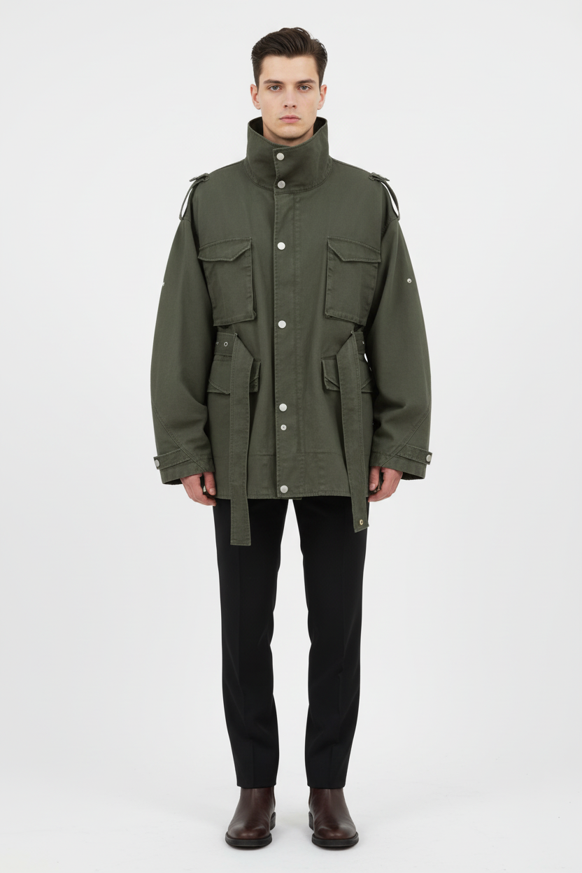 Veste militaire RELABEL vert kaki à multi-poches et ceinture, portée par un homme, vue de face sur fond blanc