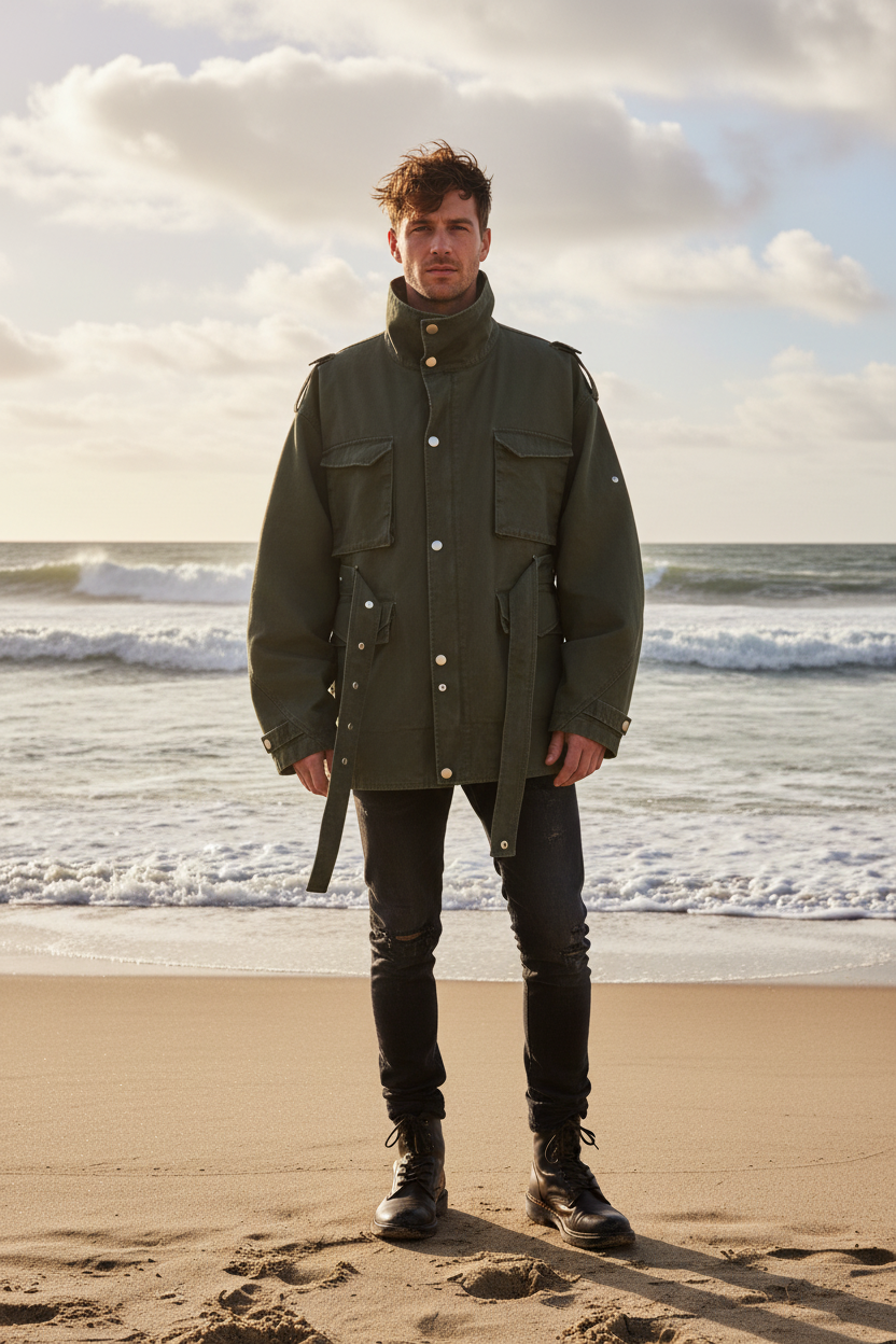 Veste militaire RELABEL vert kaki à multi-poches et ceinture, portée par un homme, photo en extérieur bord de mer