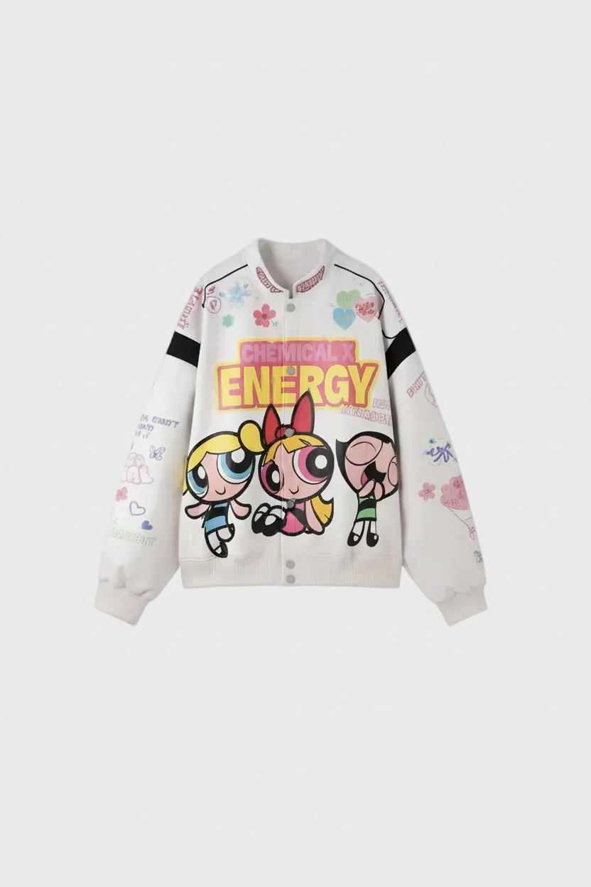 Veste Teddy Graphique Powerpuff Girls BJHG blanc en coton, vue de face