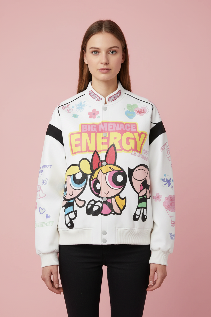 Veste Teddy Graphique Powerpuff Girls BJHG blanc en coton, vue de face portée