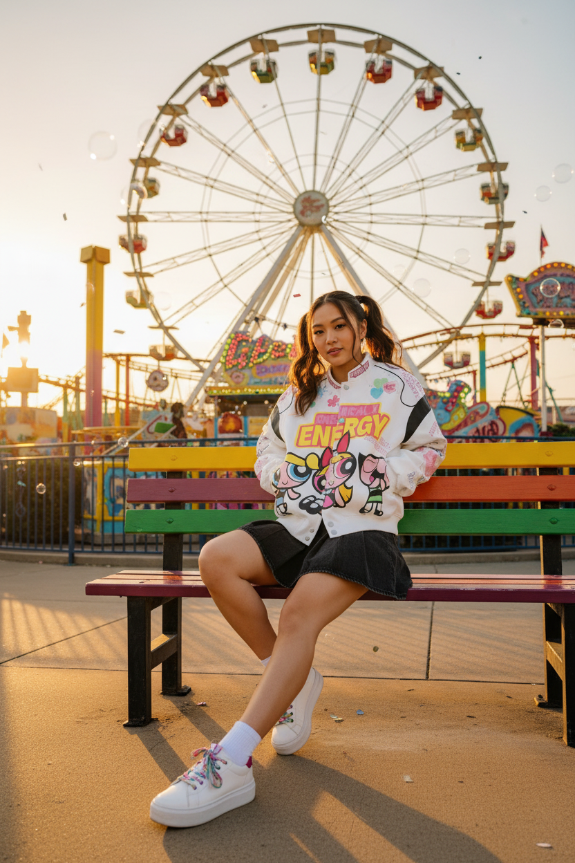 Veste Teddy Graphique Powerpuff Girls BJHG blanc en coton, vue en situation portée dans un parc d'attractions