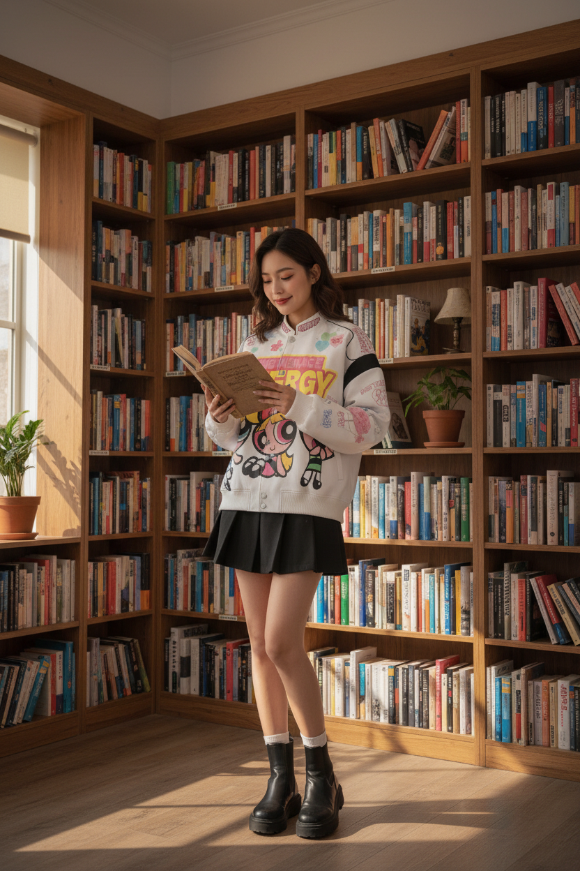 Veste Teddy Graphique Powerpuff Girls BJHG blanc en coton, vue en situation portée dans une bibliothèque