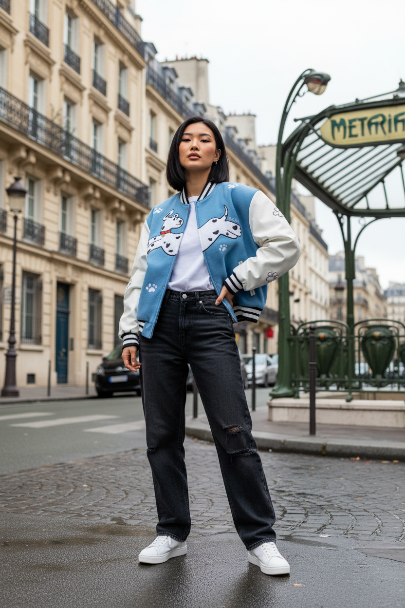 Veste teddy eeee Artmonster bleu ciel et manches blanches avec print chien dalmatien, portée par une femme avec jean noir déchiré et t-shirt blanc, entrée de métro parisien
