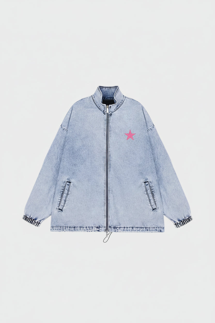 Veste en jean bleu clair délavée oversize zippée Star vue de face