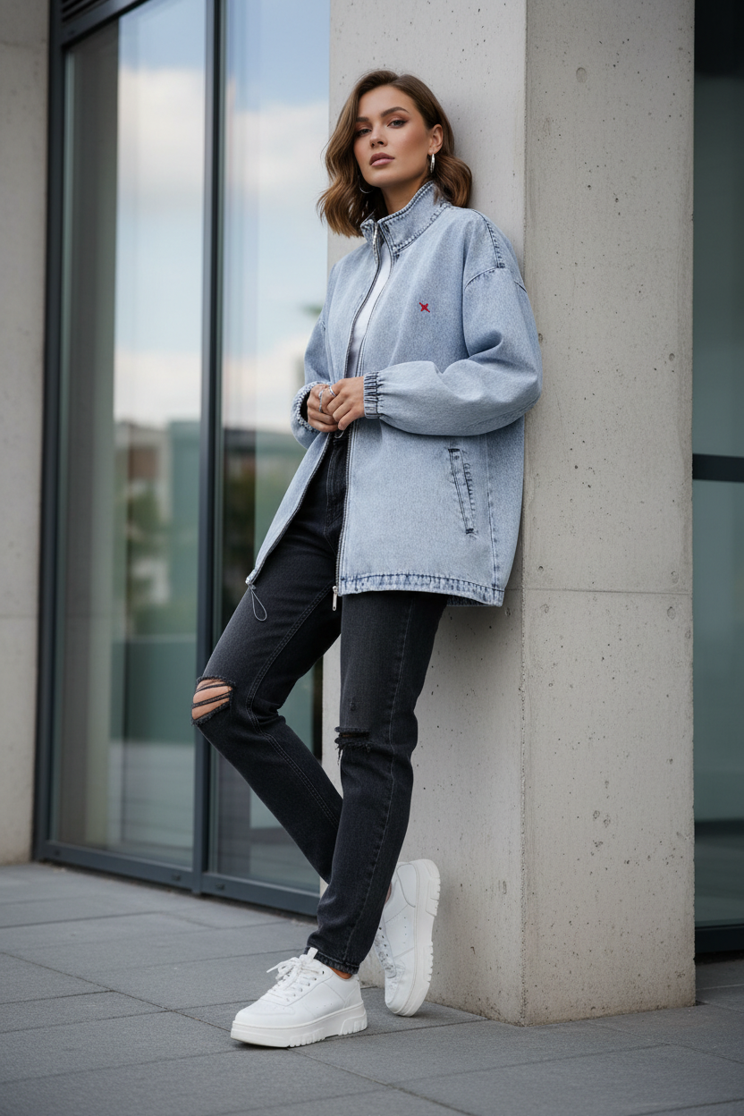 Veste en jean bleu clair oversize portée par une femme en extérieur