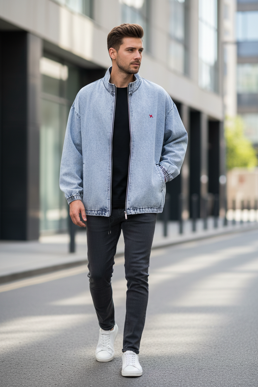 Veste en jean bleu clair streetwear portée par un homme en ville