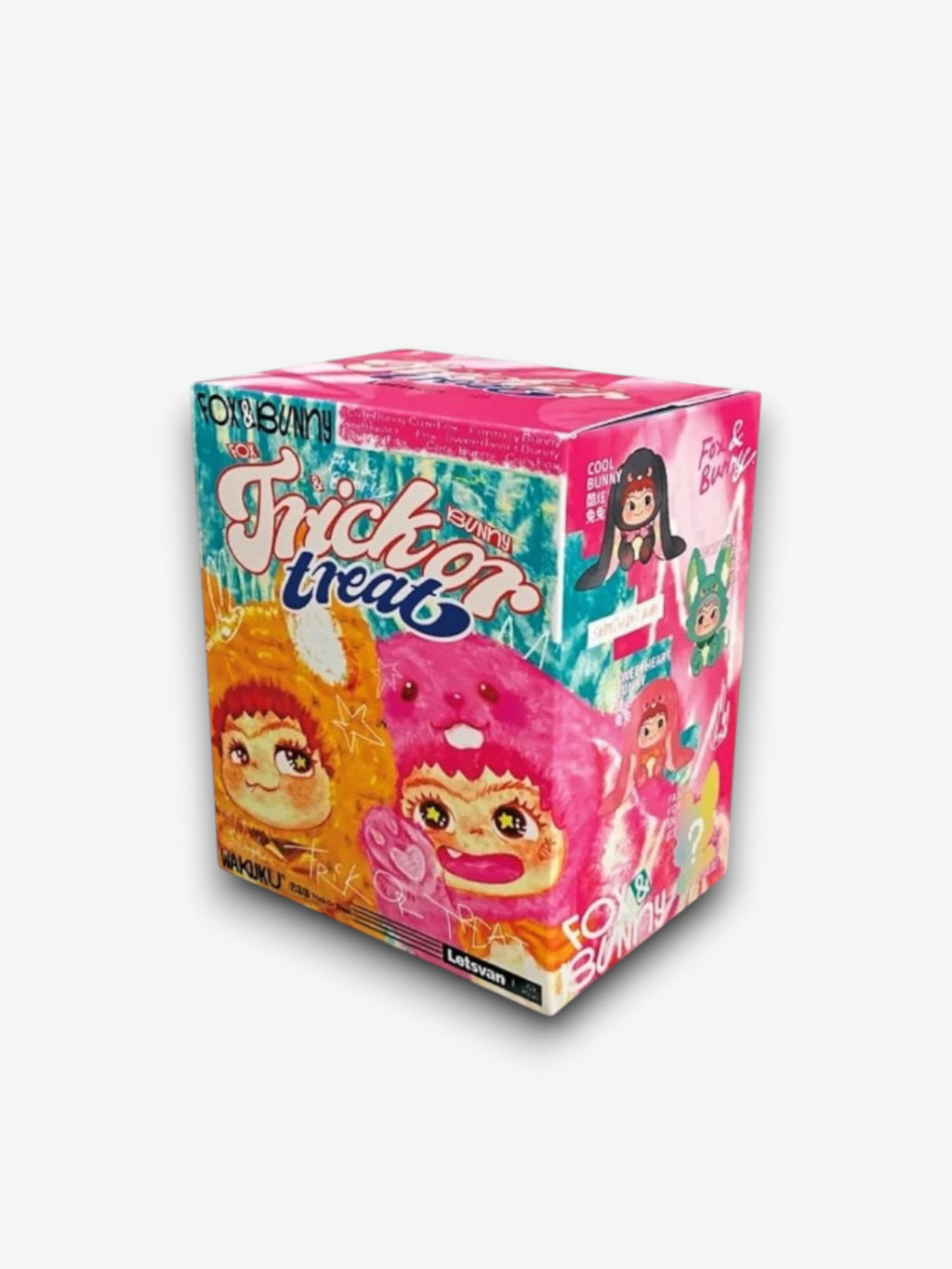 Wakuku Fox & Bunny Vol.1 "Trick or Treat" blind box – packaging rose illustration personnages chibi costume lapin doré et rose, Letsvanguard, figurines surprises dont secret rare, fond blanc
