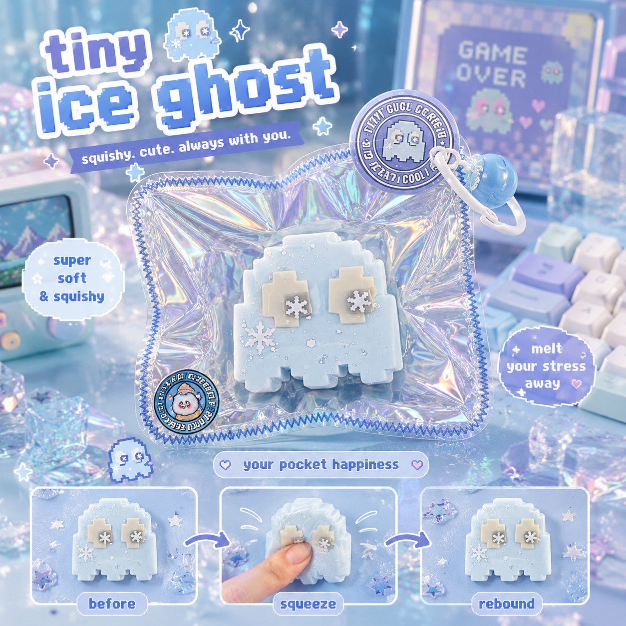 Jouet Squishy Tiny Ice Ghost Pixel Kawaii Anti-Stress | Crazy Gugu