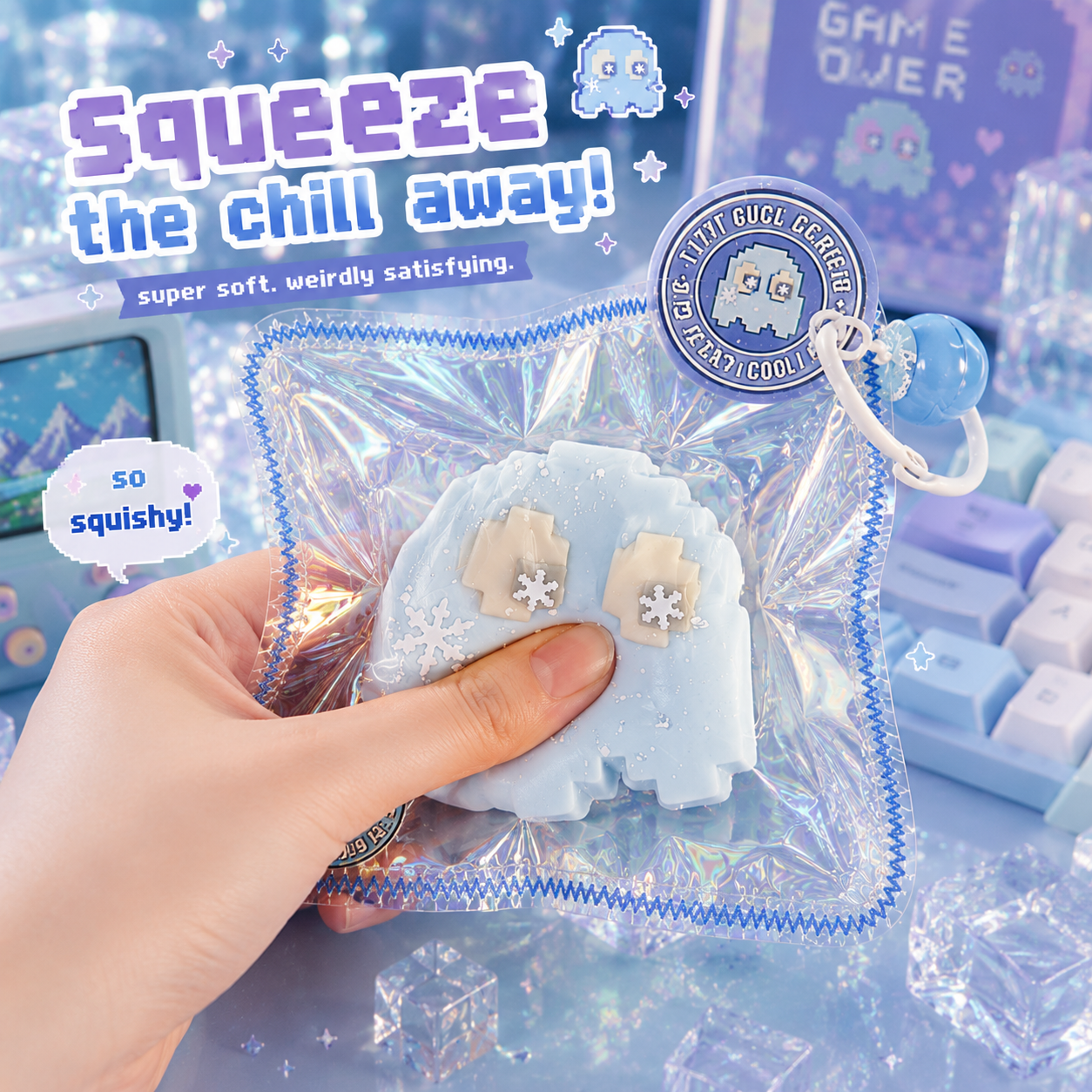 Jouet Squishy Tiny Ice Ghost Pixel Kawaii Anti-Stress | Crazy Gugu