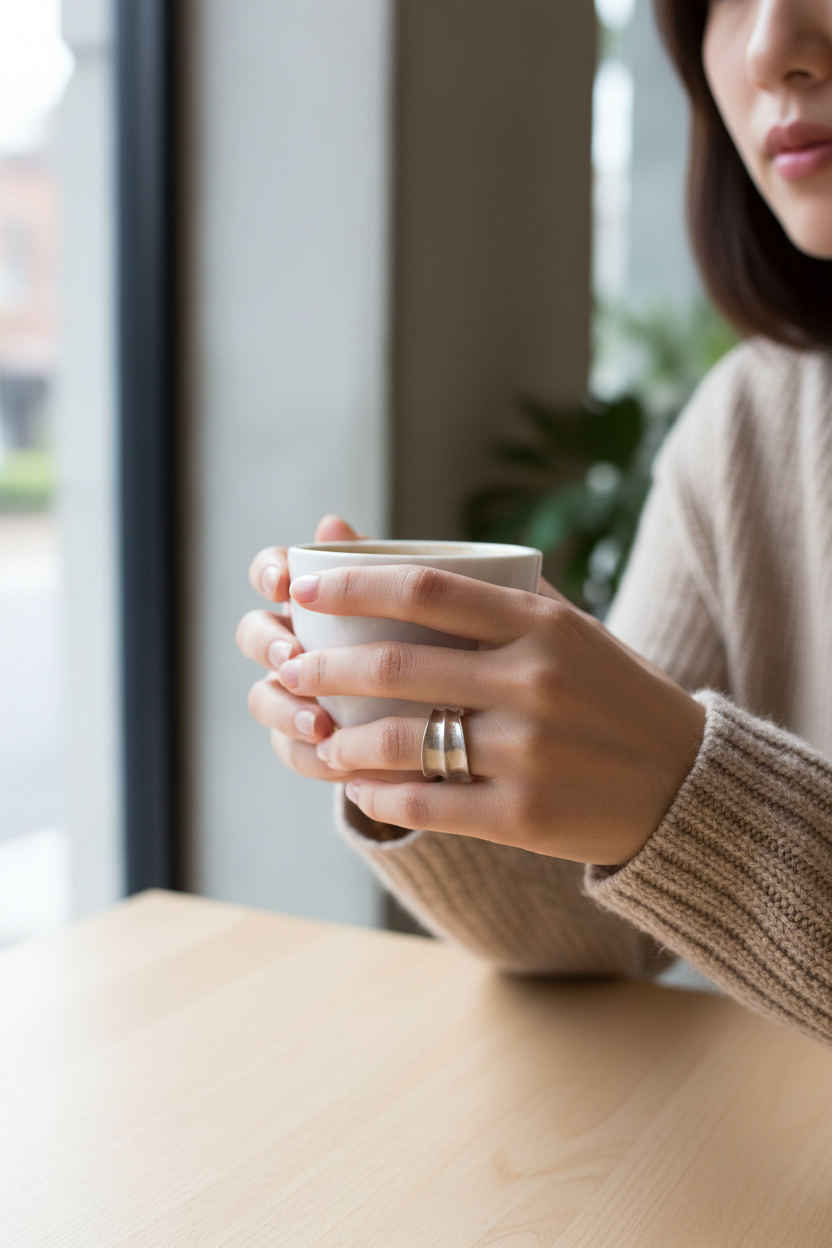 Bague large lisse Freddo argentée en argent sterling, portée par une femme tenant une tasse dans un café, vue rapprochée