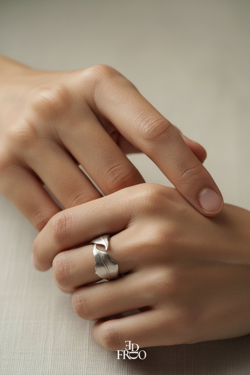 Bague texturée Freddo argentée en argent sterling, portée à la main, vue rapprochée