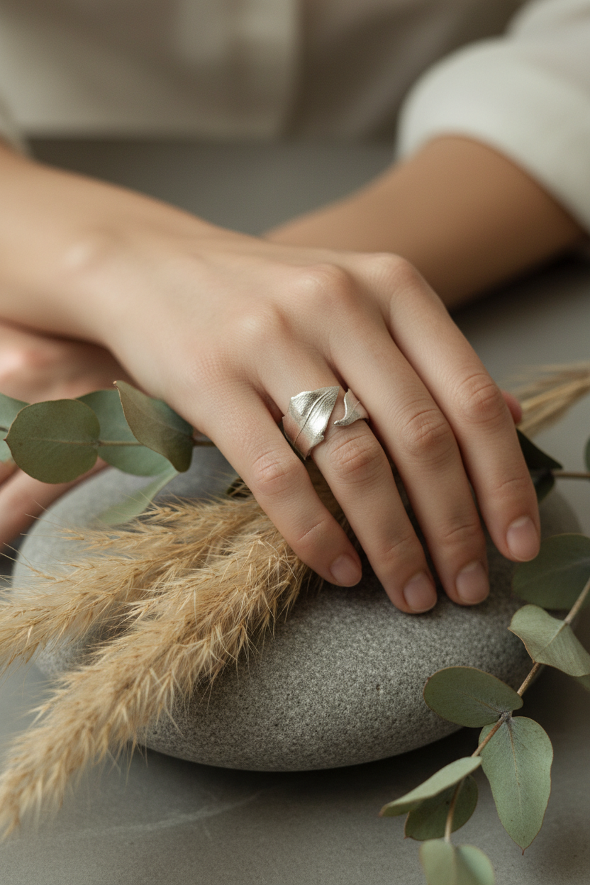 Bague texturée Freddo argentée en argent sterling, portée à la main par une femme